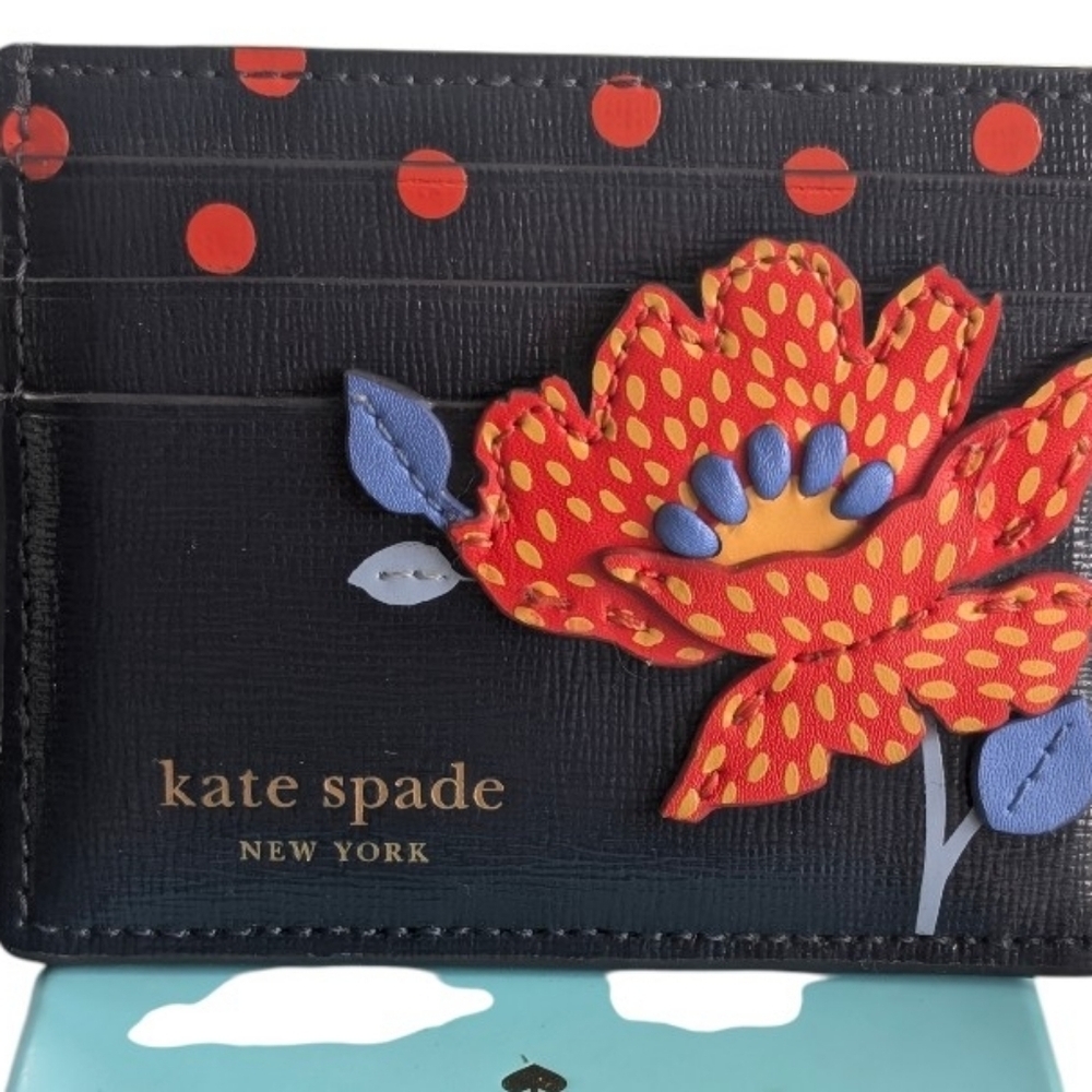 New Kate Spade ♠️ New York Dottie Bloom Flower Leather Card holder Parisian Navy